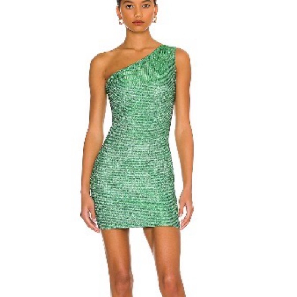 One shoulder sparkle green mini dress by Superdown. Size small. Fully lined.